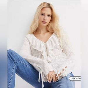 NWT Loft Pointelle Ruffle Tie Cuff Top